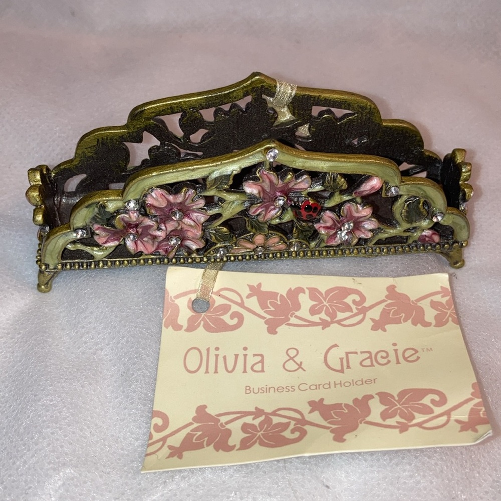 NWT - Olivia & Gracie Vintage Style Metal Floral Enamelled Business Card Holder